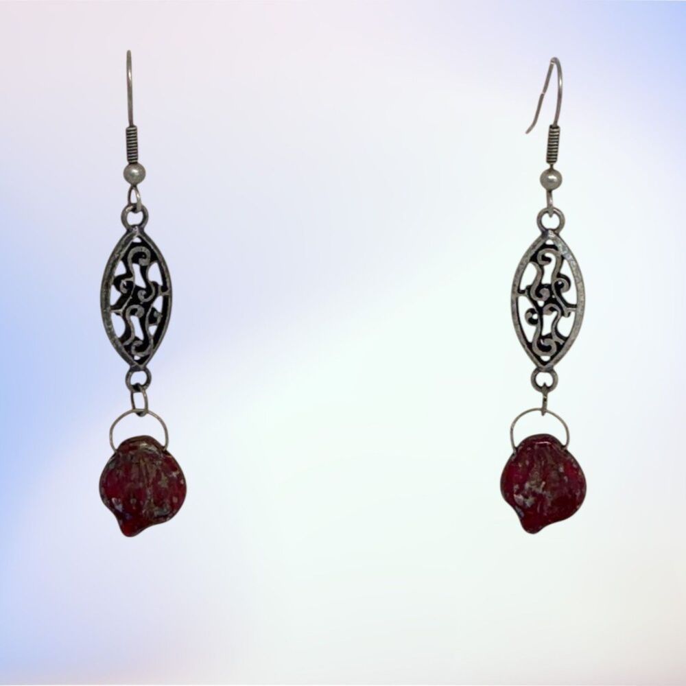 Indio Jewelry Red Picasso Glass Leaf Antique Silver Earrings #322